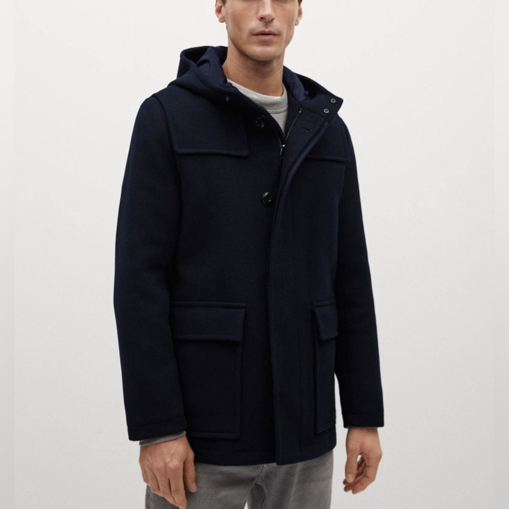 Mango Men's Dark Navy Hooded Wool Blend Coat